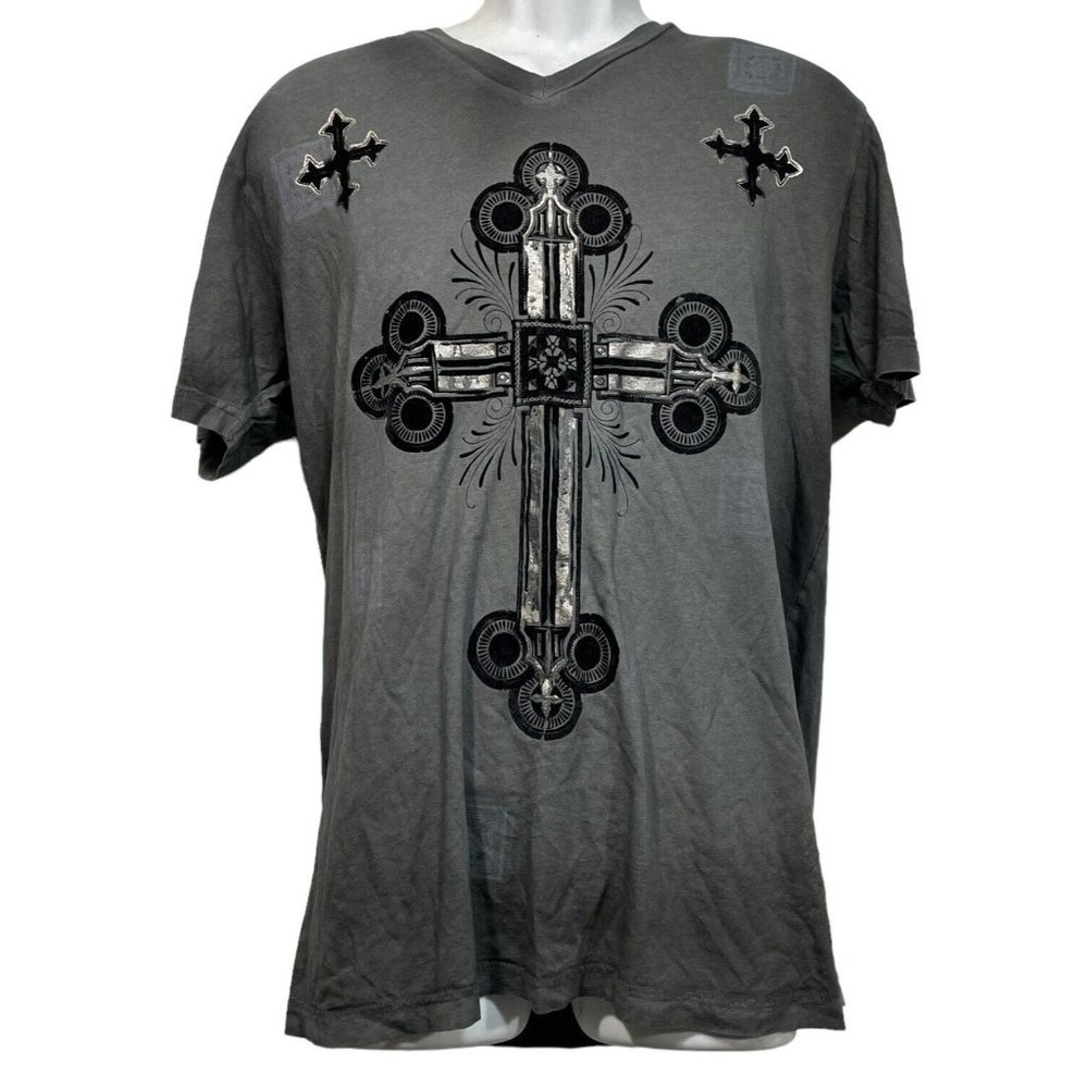 Remetee Affliction Mens L Y2K Graphic T-shirt Gray Velvet Crosses Gothic Grunge